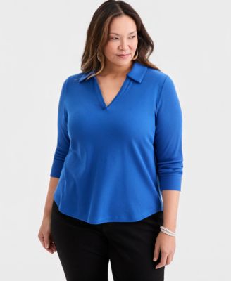 Plus Size Johnny-Collar Long-Sleeve Top