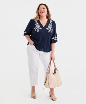 Style & Co Plus Size V-Neck Puff-Sleeve Embroidered Blouse