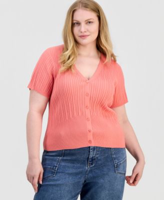Trendy Plus Size Short-Sleeve Ribbed V-Neck Cardigan
