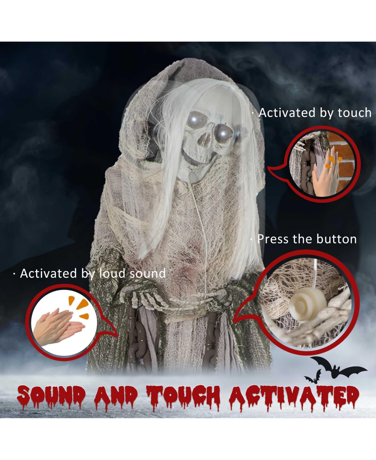 Outsunny 72" Outdoor Halloween Decorations Skeleton Witch, Life Size Animated Scare Prop
