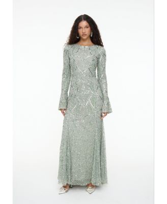 Women's Modest Embellished Sequin Beaded Dress Maxi With Ribbon on Sleeves