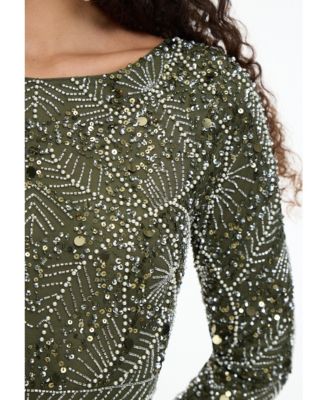 Women's Modest Embellished Sequin Beaded Dress Maxi With Trail