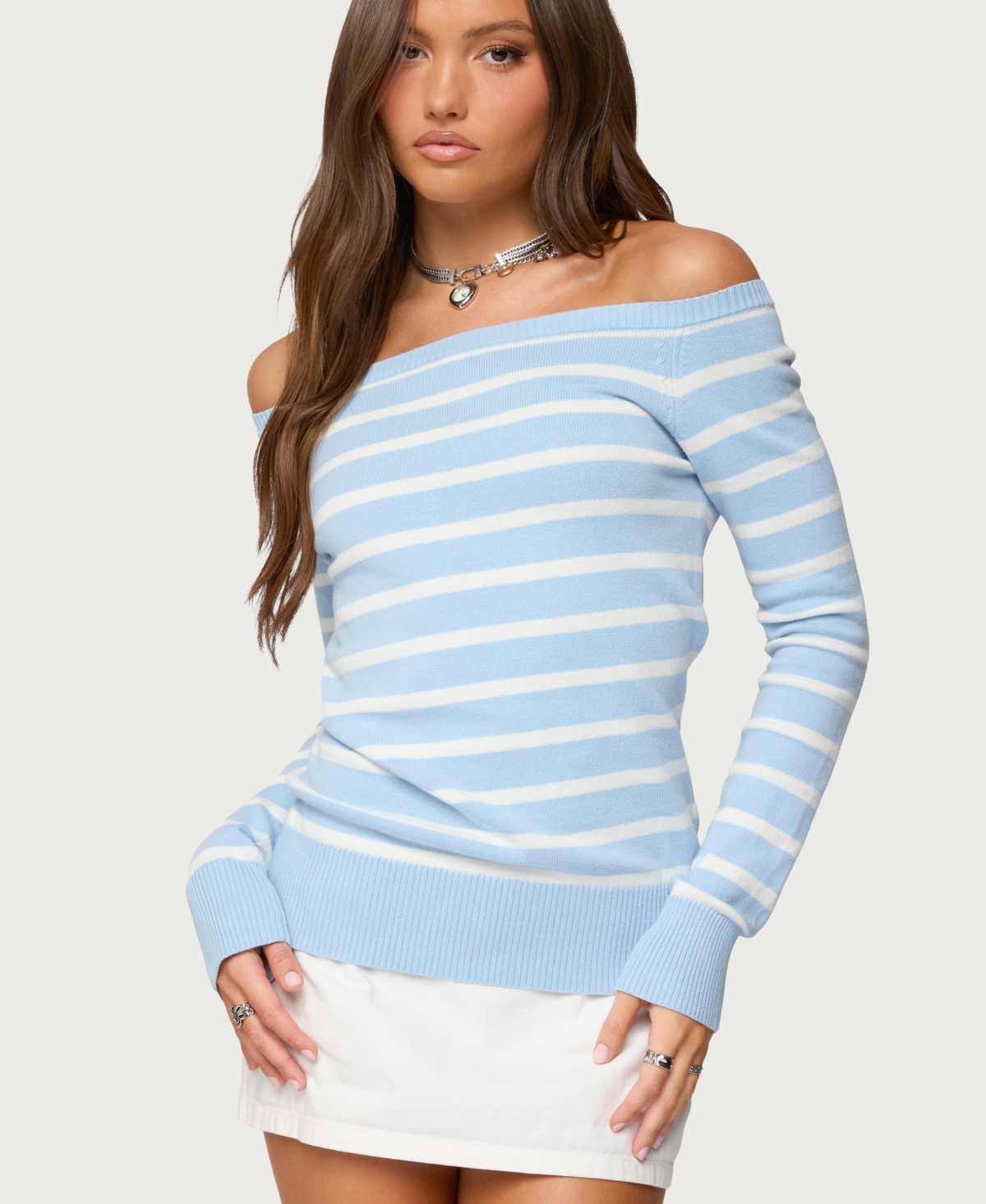 Edikted Women's Lori Striped Off Shoulder Sweater