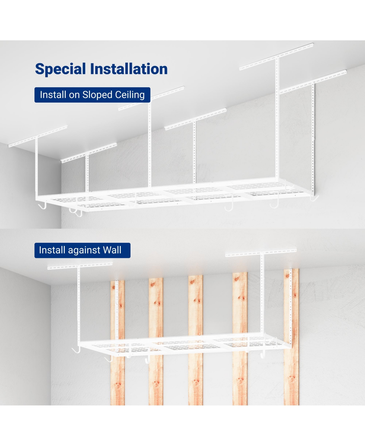 Fleximounts OHK38-e 36″ W × 96″ D Adjustable-Height Overhead Garage Storage Rack with 8 Hooks (White)