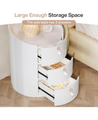 White Round Nightstand, Wood Bed Side Table with 3 Drawers, Fully Assembled