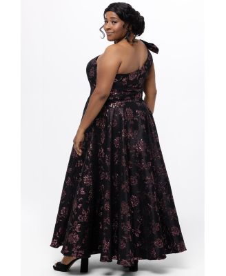 Women's One Shoulder Brocade Plus Size Formal Dress with Bow
