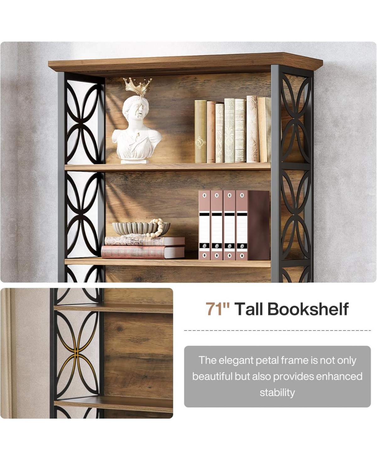 Tribesigns 6-Tier 71" Industrial Bookshelf with Metal Frame, Freestanding Open Shelves for Home, Office & Living Room.