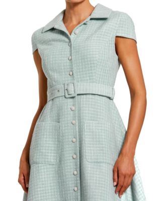Women's Belted Boucle Cap Sleeve Button Up Midi Dress