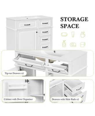 Bathroom Vanity with Ceramic Sink Solid Wood Frame and Flip Drawer