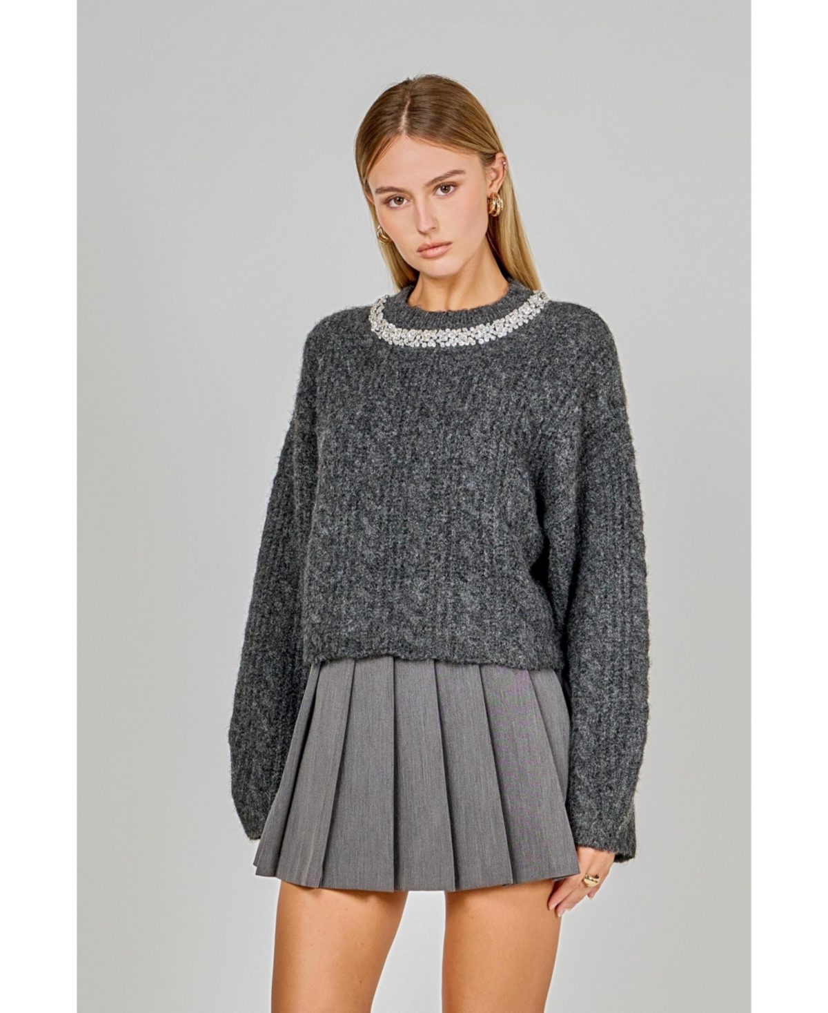 endless rose Women's Jewel Embroidered Fuzzy Cable Knit Chunky Sweater