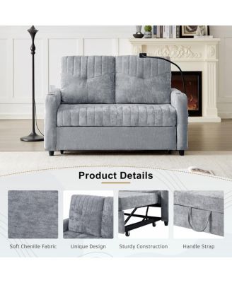 53.9" Chenille Pull-Out Sleeper Sofa with Adjustable Backrest, USB Ports, Cup Holders & Side Storage