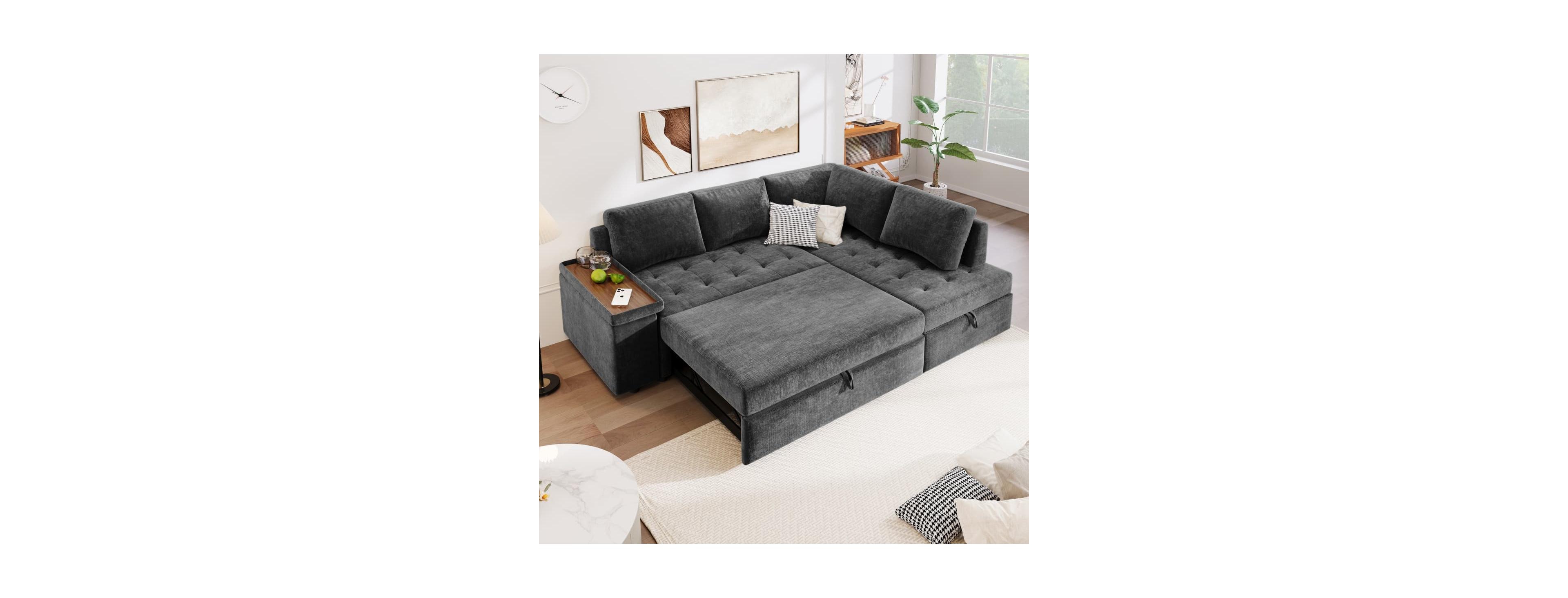 Maison Boucle 91.5" L-Shaped Sleeper Sofa with Pull-Out Bed, Chaise Storage, Tray Armrest & Side Pockets for Apartment or Living Room