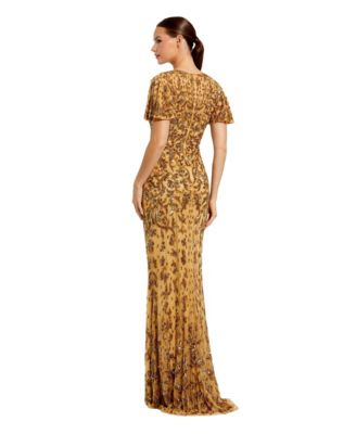 Women's Embellished High Neck Flutter Sleeve Gown