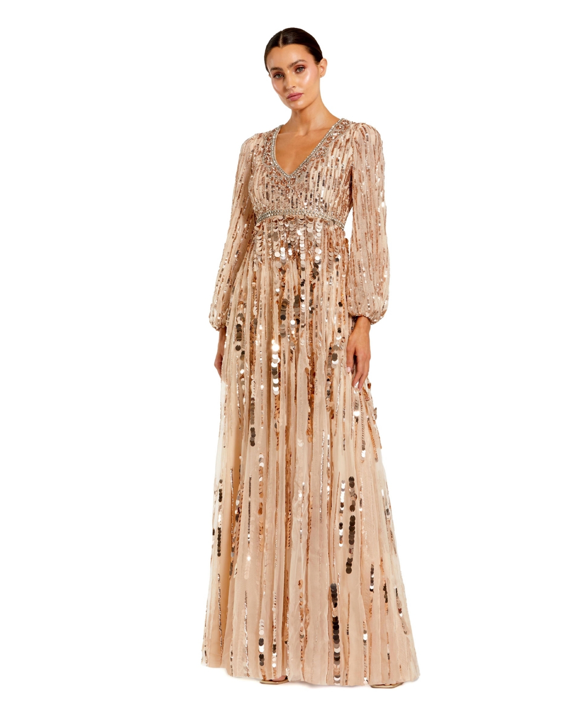 Mac Duggal Women's Embellished Mesh Long Sleeve V Neck Gown