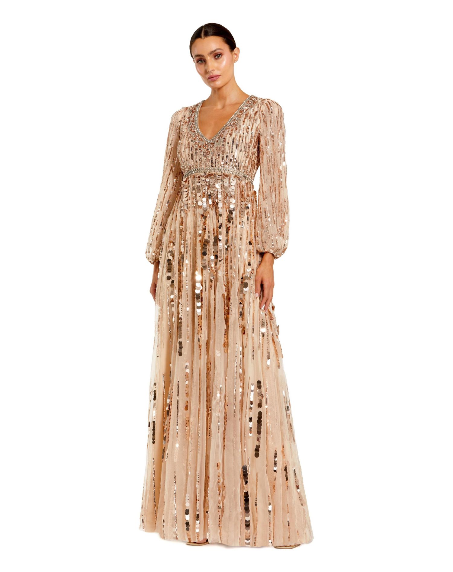 Women's Embellished Mesh Long Sleeve V Neck Gown
