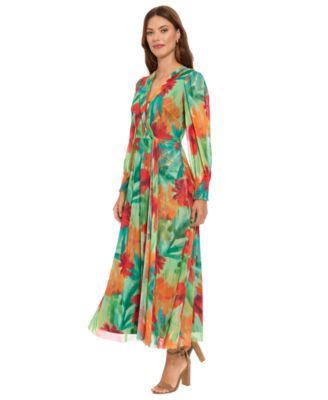 Women's Shirred Surplice Bishop-Sleeve Maxi Dress