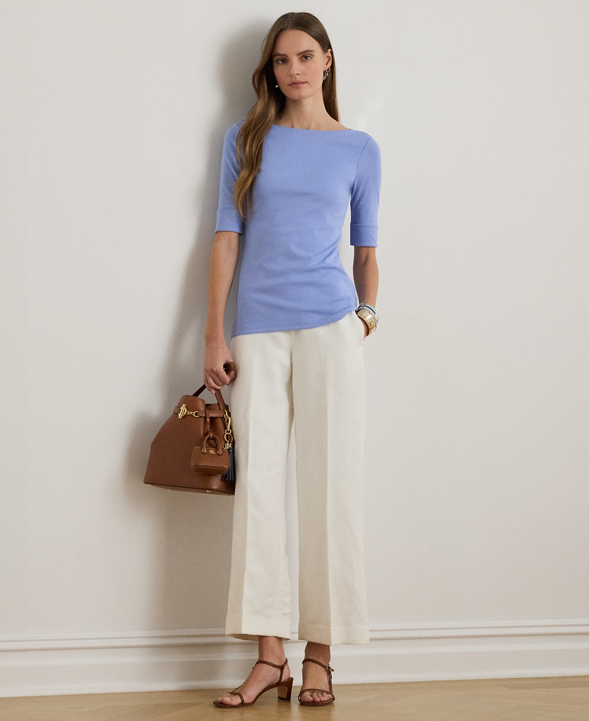 Lauren Ralph Petite Boat Neck Elbow-Sleeve Top