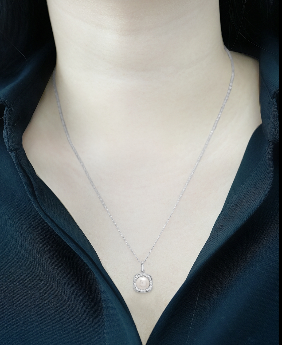 Macy's Cultured Freshwater Pearl (7mm) and Diamond (1/4 ct. t.w.) Pendant Necklace in 14k White Gold