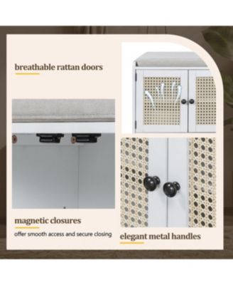 Rustic Storage Bench with Cushion and Rattan Doors (Brown+Beige