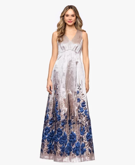 Petite Printed A-Line Long Dress - Champagne Blue