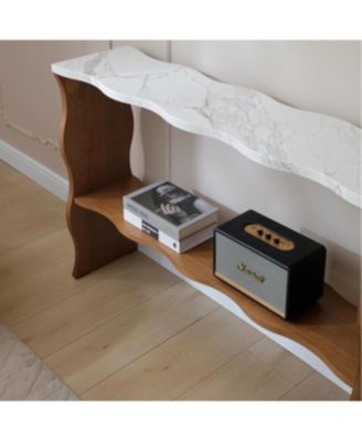  Whisper of Waves Modern Console Table w/ White Marble-Pattern Top, Walnut Brown