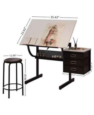 Streamdale White Adjustable Drafting Drawing Table with Stool & 3 Drawers