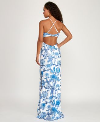 Juniors' Butterfly Sequin Sweetheart Neck Gown