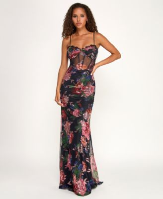 Juniors' Mesh Sequin Sweetheart Neck Gown