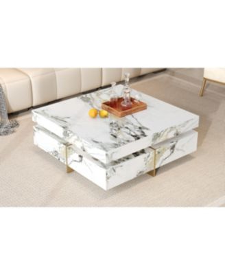 Modern Marble Coffee Table with 4 Drawers, White, 43.3