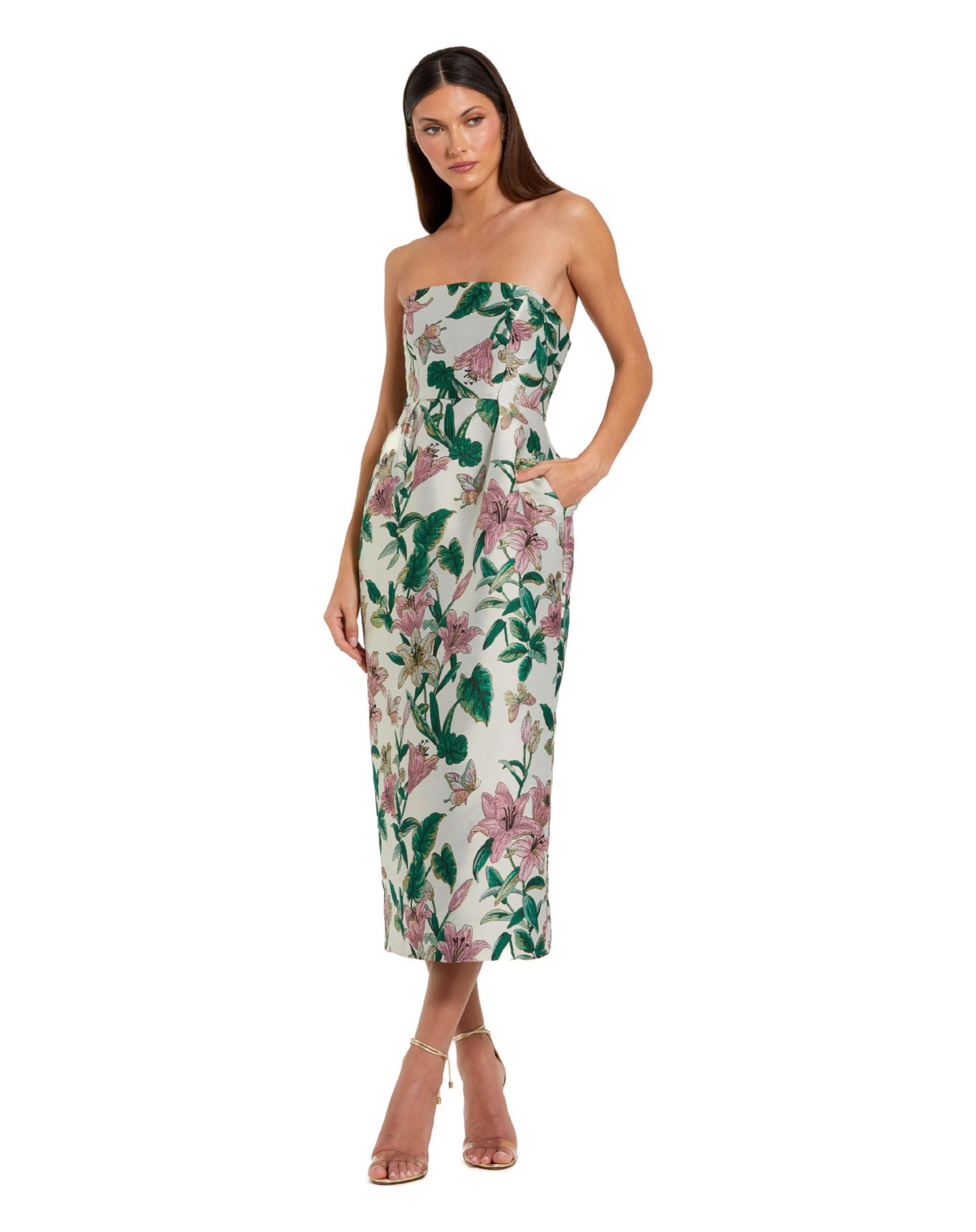 Women's Floral Brocade Strapless Fitted Midi Dress