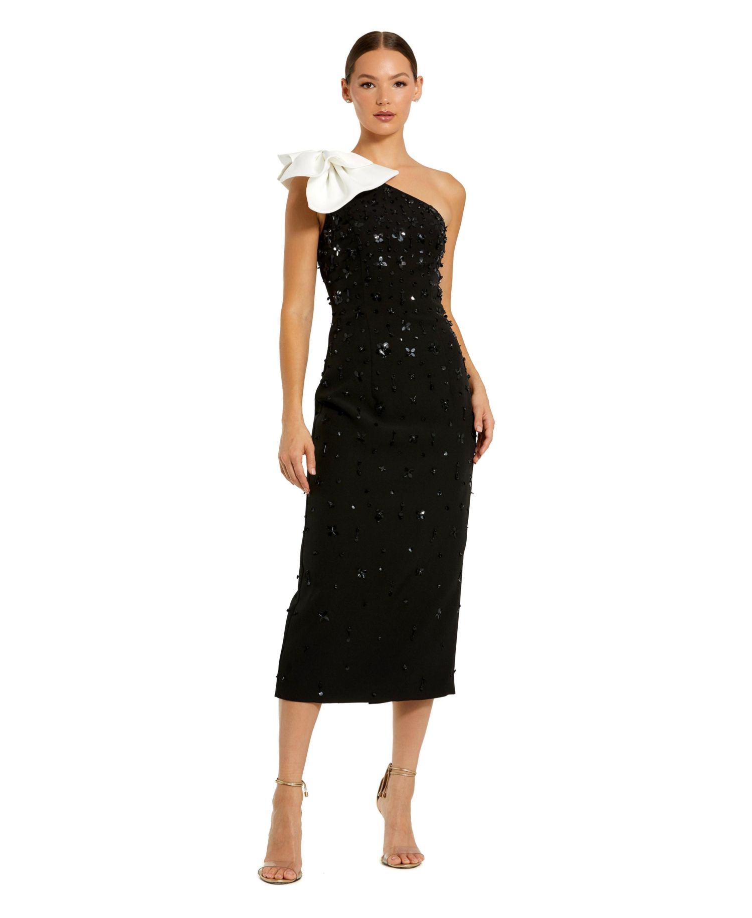 Women's Beaded Crepe With Bow One Shoulder Midi Dress