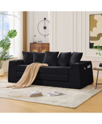Corduroy Convertible Sofa Bed with 5 Pillows, Black