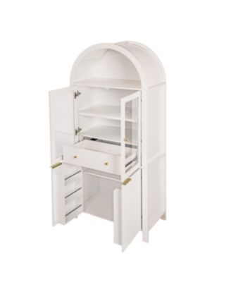 71" Fluted Tall Arched Pantry Cabinet with Hidden Drawer & Glass Door, White
