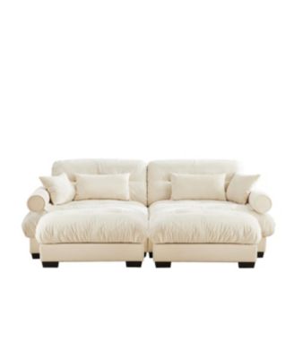  Oversized Modern Velvet Two-Seater Sofa with Ottoman, Cream