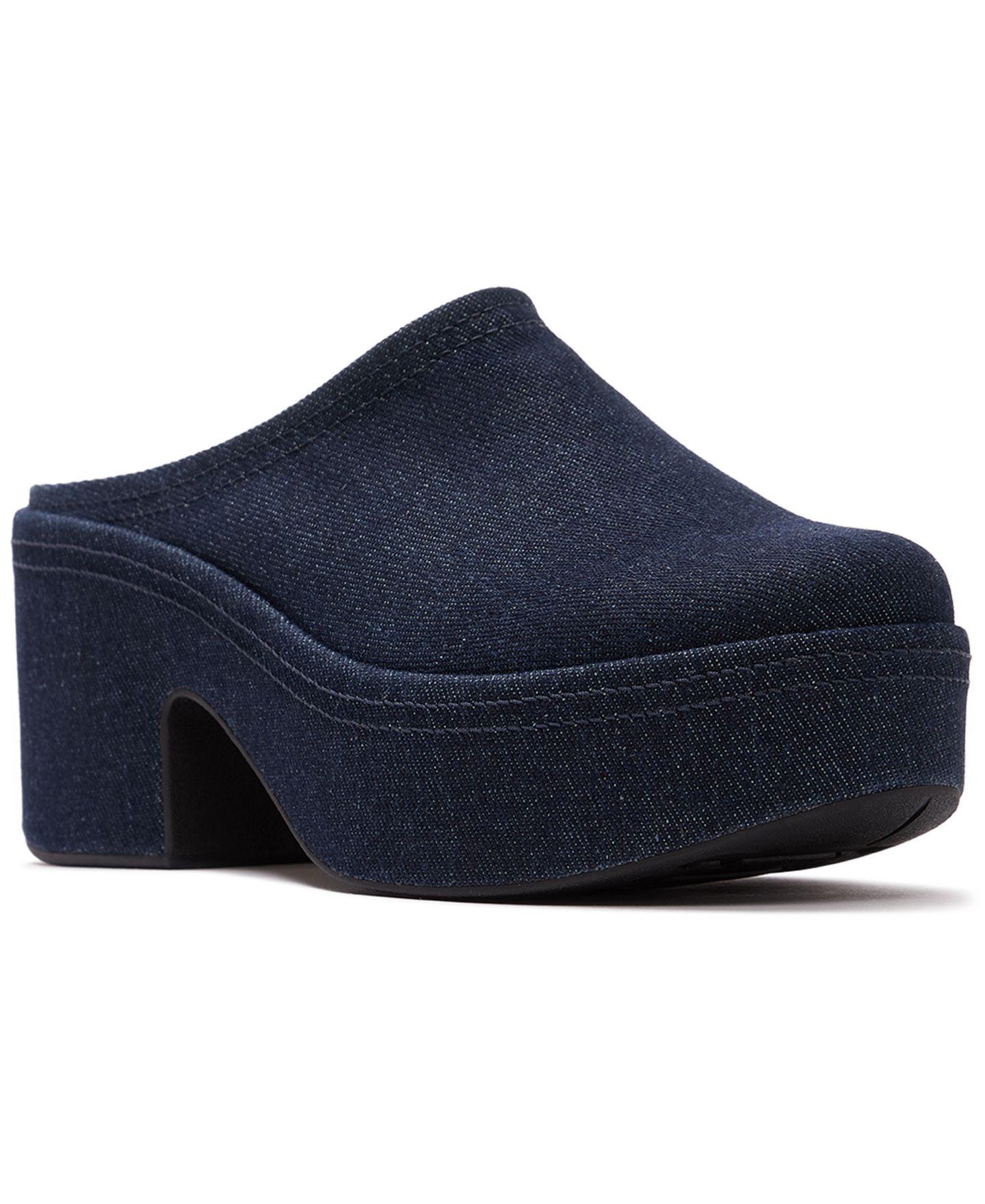 Женские сабо FitFlop Platforms Denim Heeled Slip-On Mules, цвет: Тёмный джинсовый — фото 1