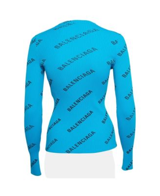 Women's Blue Logo Print Rib Knit Full Sleeve Top S