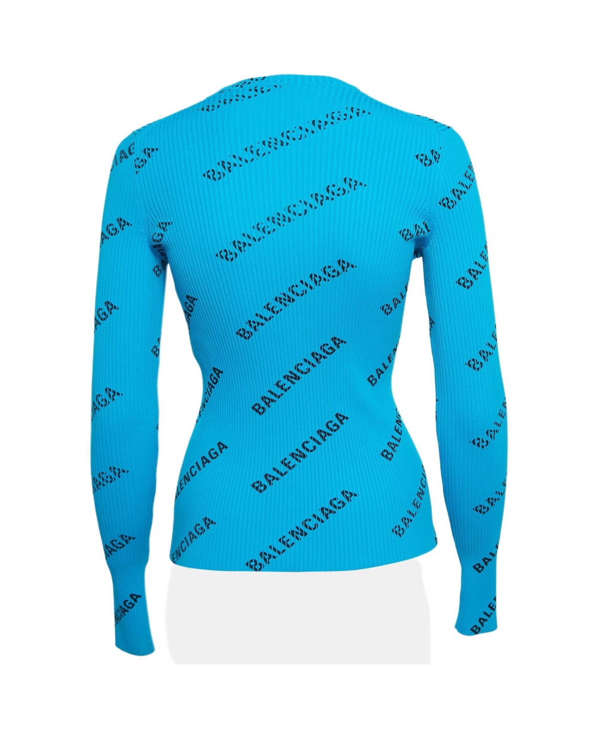 Pre-Owned Balenciaga Women's Blue Logo Print Rib Knit Full Sleeve Top S