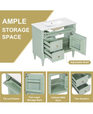 Bathroom Vanity with Ceramic Sink Flip Drawer Adjustable Shelf