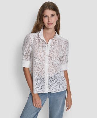 Women's Lace Puff Sleeve Stand Collar Shirt