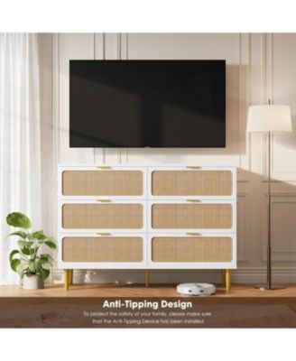 Rattan 6 Drawer Dresser for Bedroom, Long Double Chest with Deep Drawers and Wide Top for Living Room or Kids Room