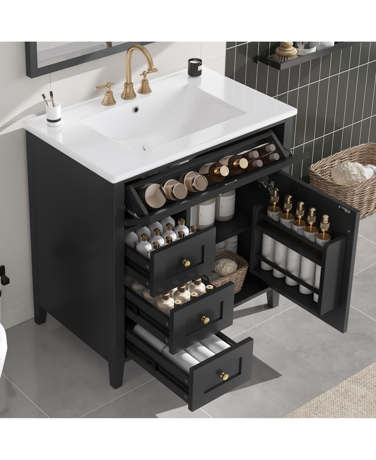 Casainc Bathroom Vanity with Sink 3 Drawers and Adjustable Shelf Freestanding Storage