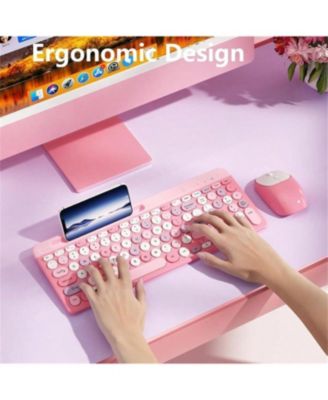 Wireless Keyboard and Mouse Combo - Retro Design with Round Keycaps, 2.4GHz Full-Size Wireless Keyboard Mouse for Computer, Desktop, Laptop, Pink