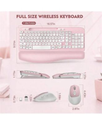 Wireless Keyboard and Mouse Combo - Full-Sized Keyboard with Cushioned Palm Rest, Phone Holder, 2.4G Cordless Set for Computer, Laptop, PC - Pink