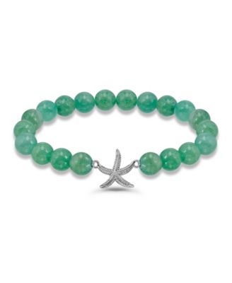 Aventurine Beads and Starfish Charm Silver Plated Stretch Bracelet