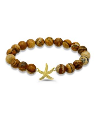 Picture Jasper Beads and Starfish Charm Gold Plated Stretch Bracelet