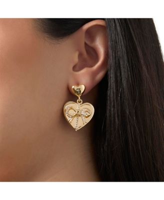 Double Heart Bow Detail Drop Earrings, Gold Tone with Crystal Accents