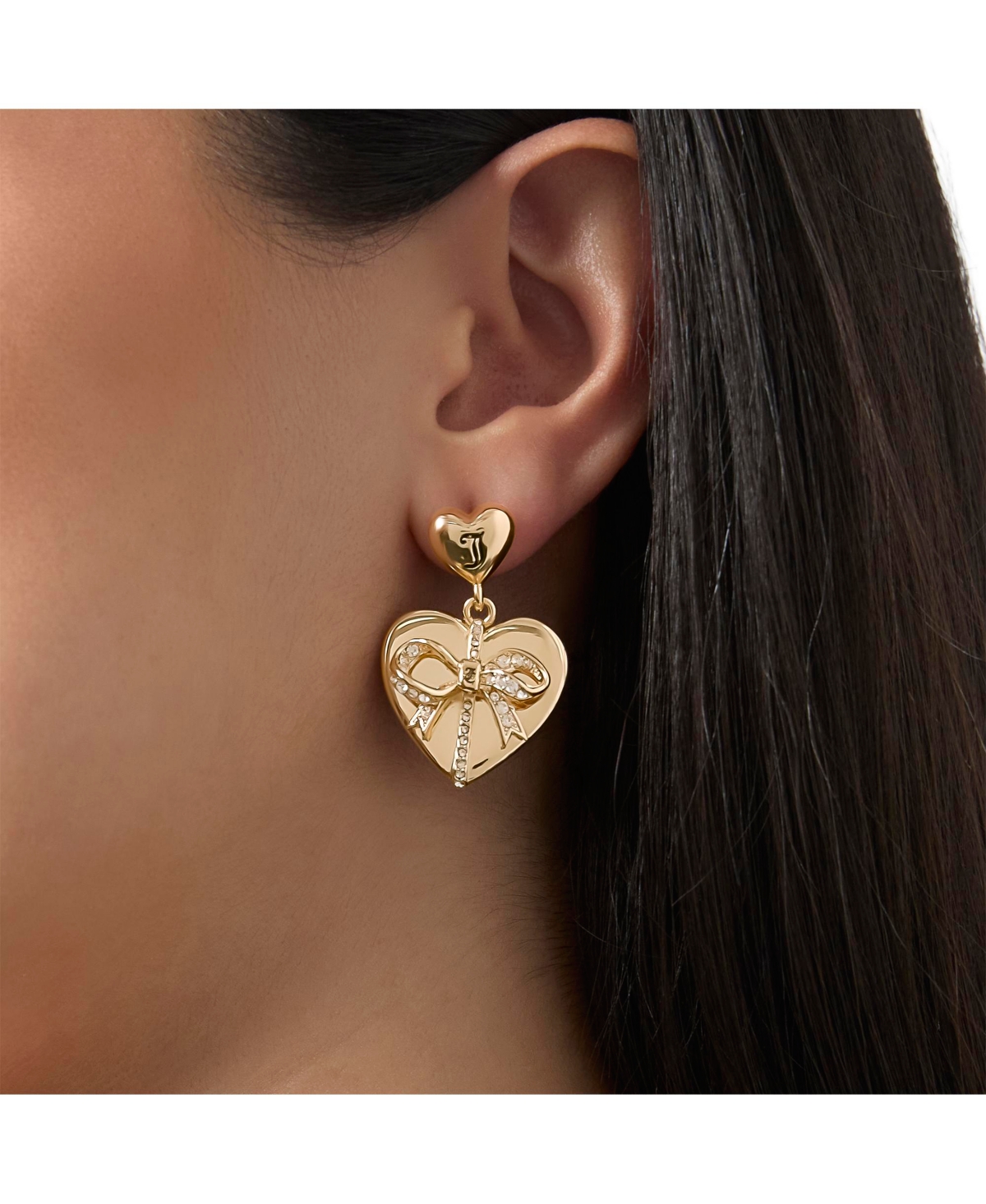 Juicy Couture Quilted Double Heart Drop Earrings, Gold Tone with Crystal Accents