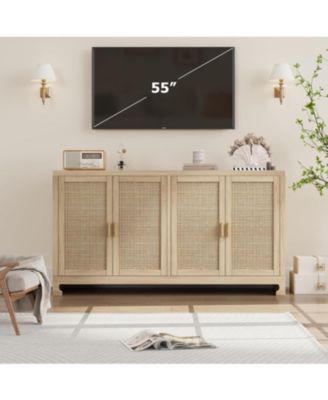 Rattan Accent Storage Cabinet with 4 Doors and Shelf, Modern Console Coffee Bar Cabinet for Dining Room, Kitchen, Living Room,Entryway,Beige