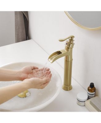 Waterfall Single Handle Bathroom Vessel Sink Faucet Farmhouse Vanity Bowl Tall Lavatory With Metal Drain In Brushed Gold