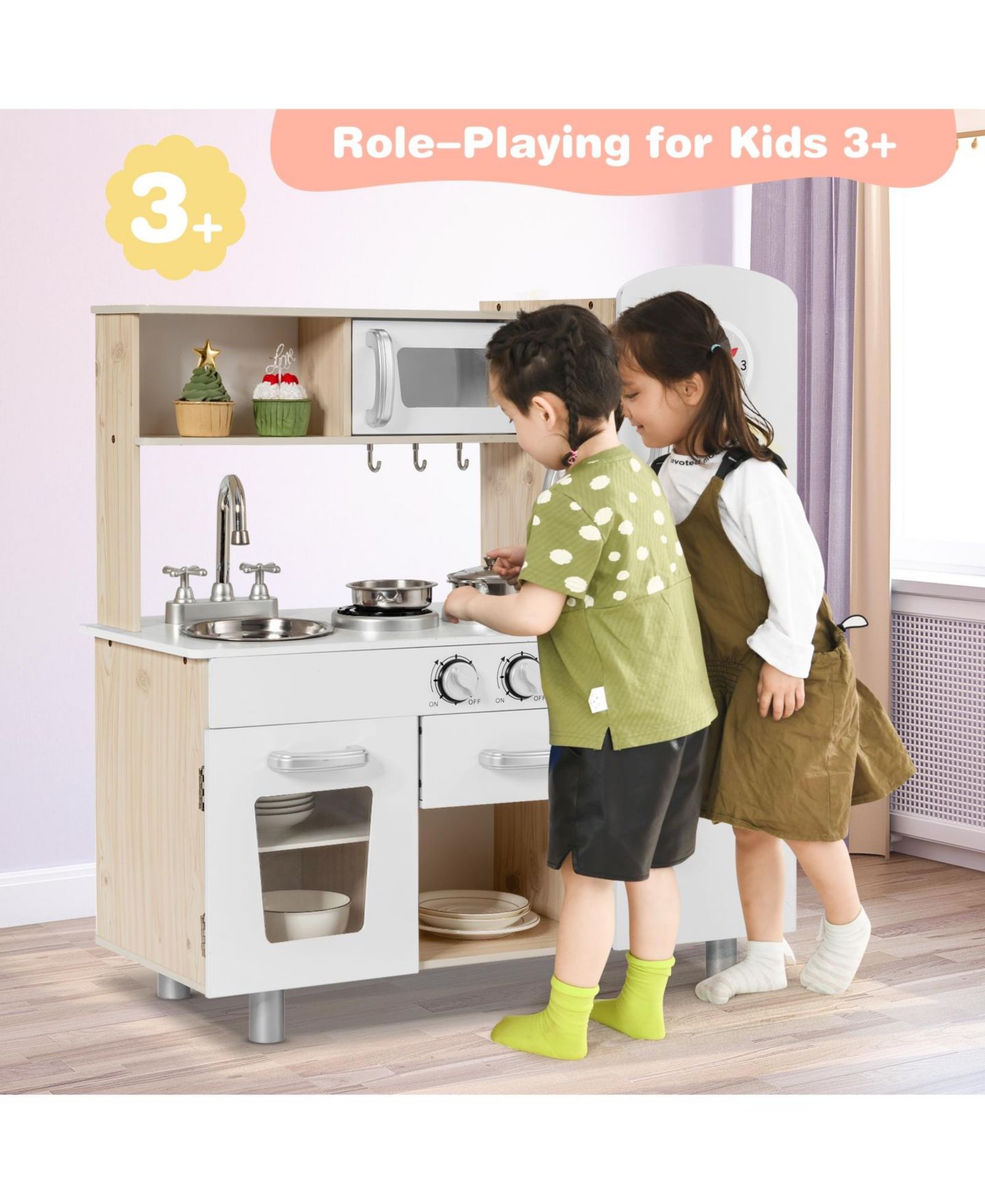Детский игровой набор SKONYON Vintage Wooden Play Kitchen Pretend Cooking Playset, 7-Piece, Ages 3+, цвет: Белый — фото 3